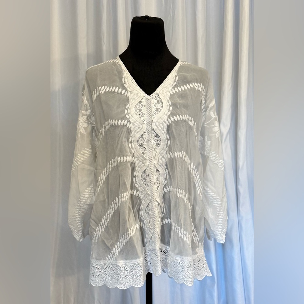 Johnny Was Boho White Embroidered Blouse